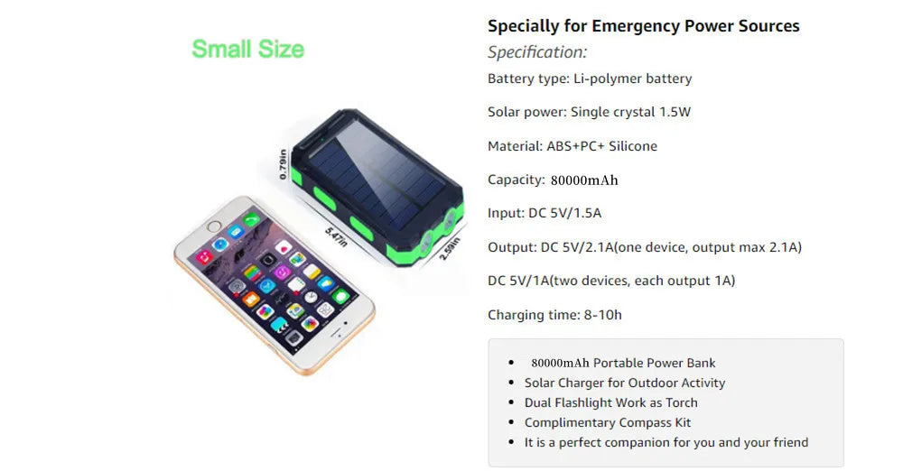 Oloey Solar Power Bank 80000Mah Portable Charger Strong Led Light