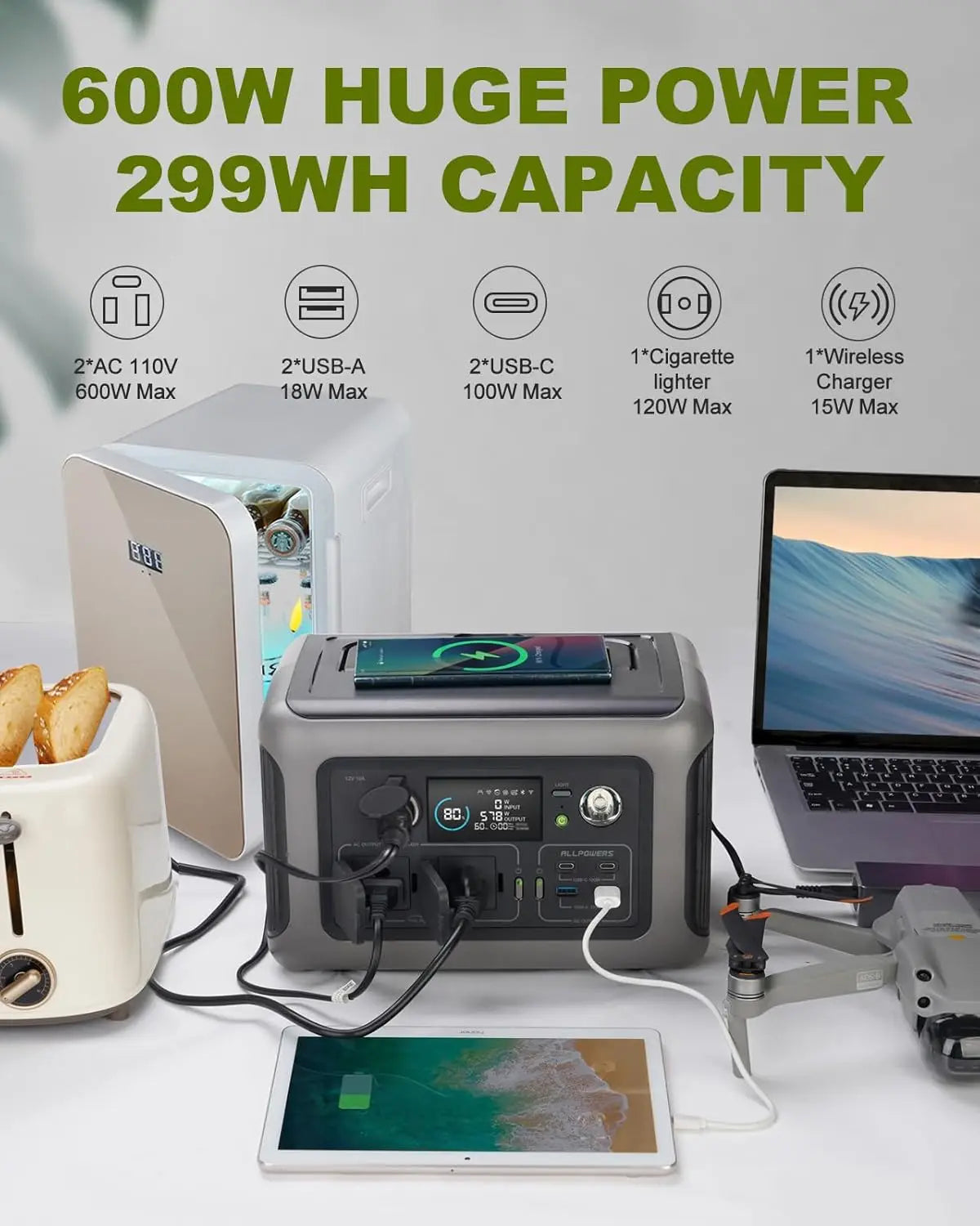 ALLPOWERS R600 Portable Power Station 299Wh LiFePO4 Solar Generator