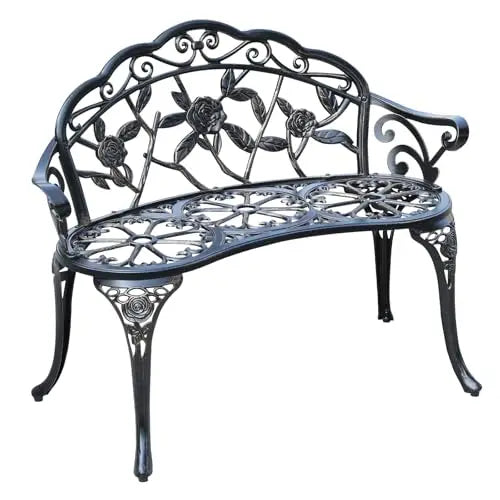 Elegant Cast Aluminum Outdoor Bench With Rose Vine Design