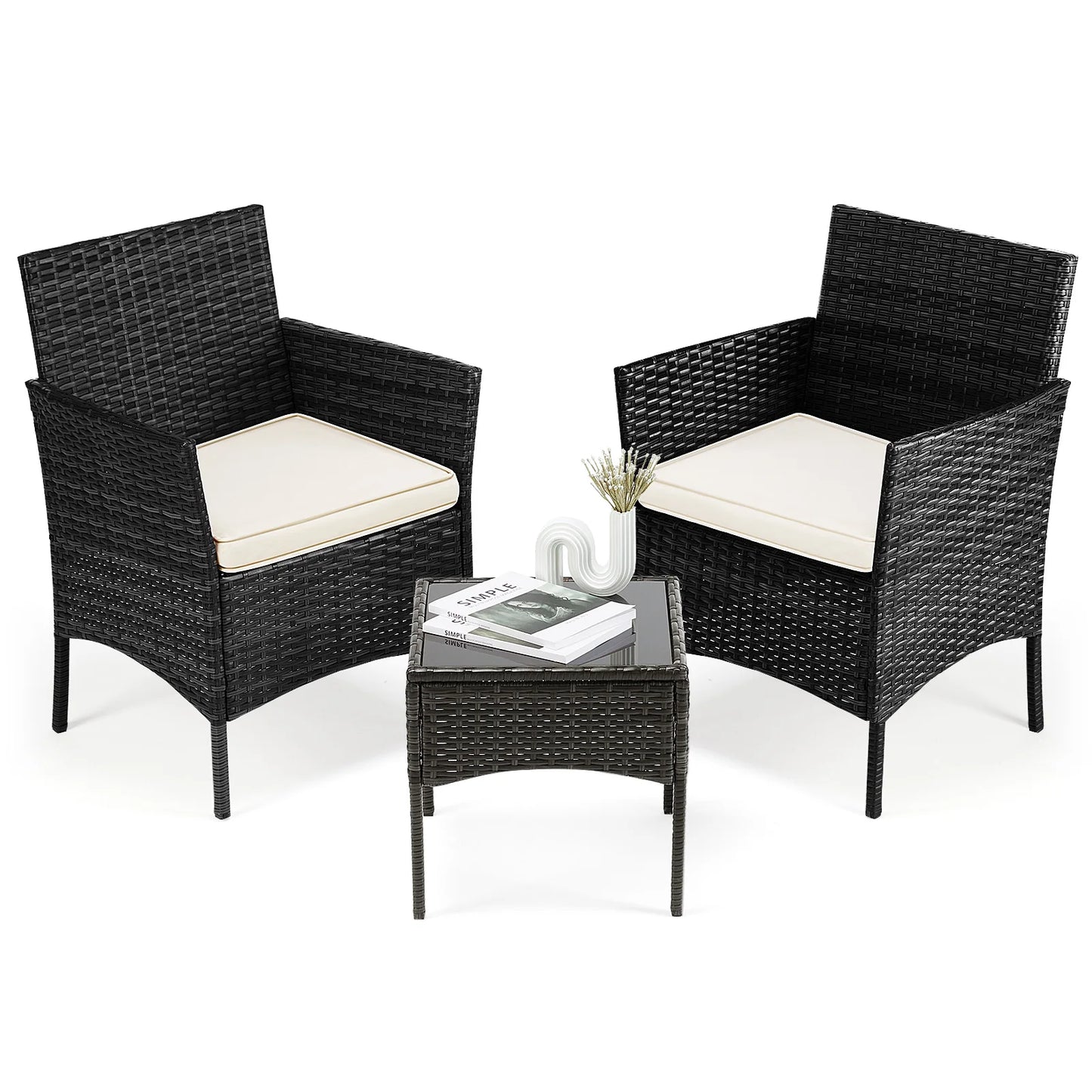 JHK Outdoor Patio Furniture Set Wicker Rattan Chairs Glass Table