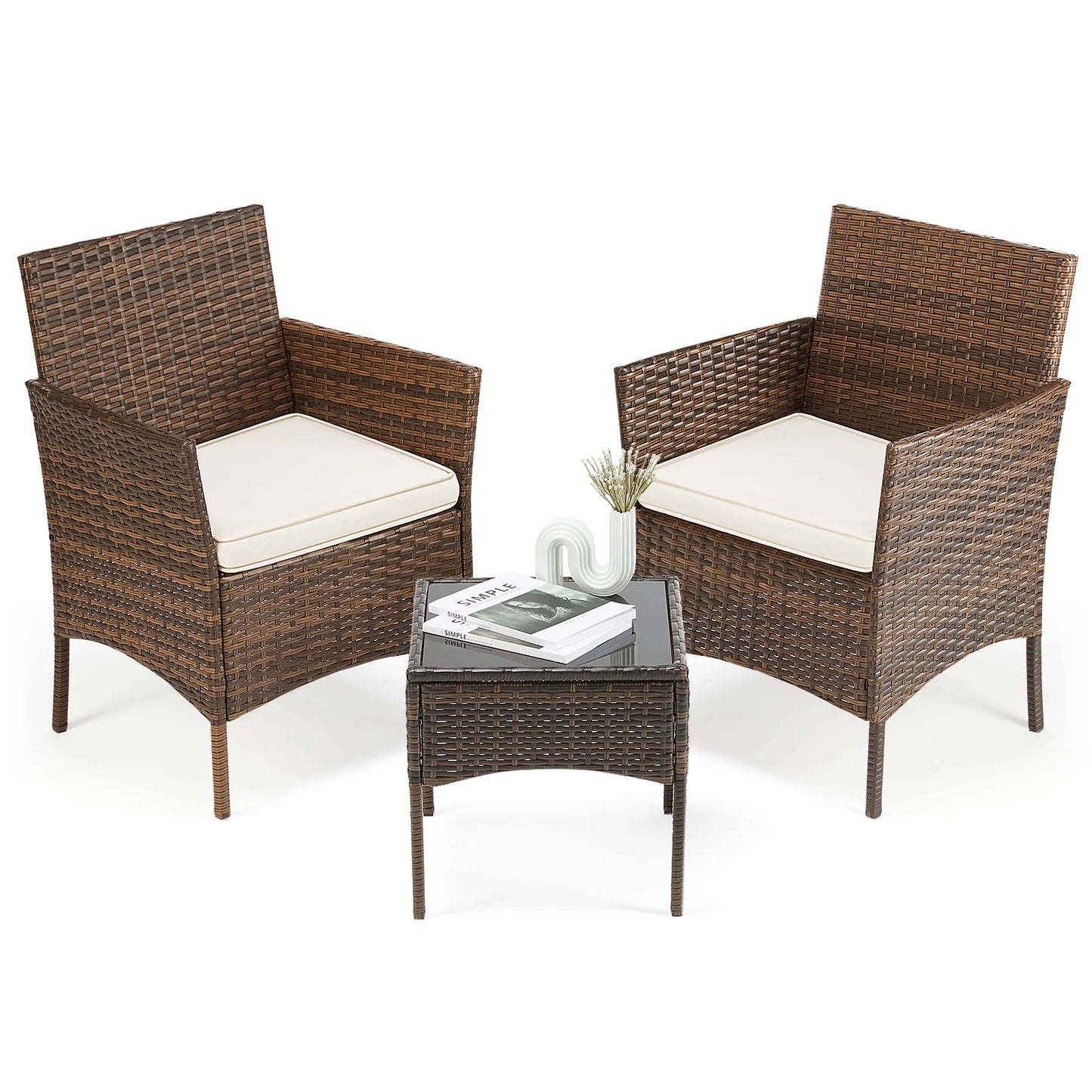 JHK Outdoor Patio Furniture Set Wicker Rattan Chairs Glass Table