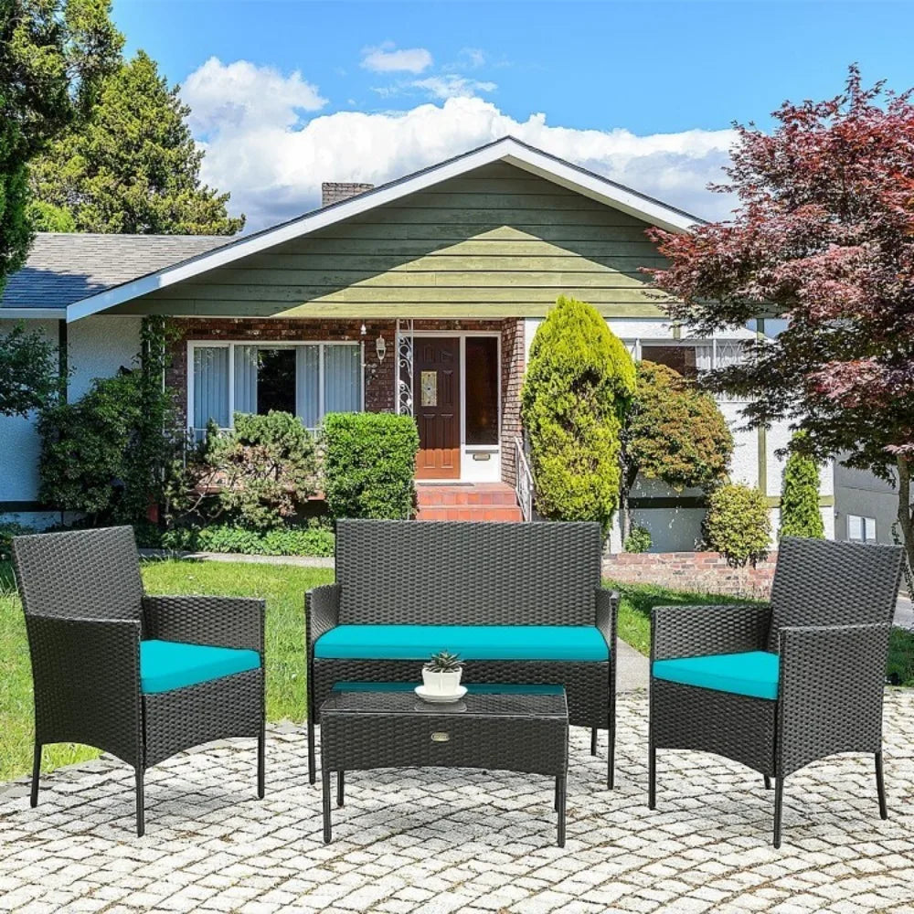 Patio Rattan Cushioned Sofa Set With Tempered Glass Coffee Table