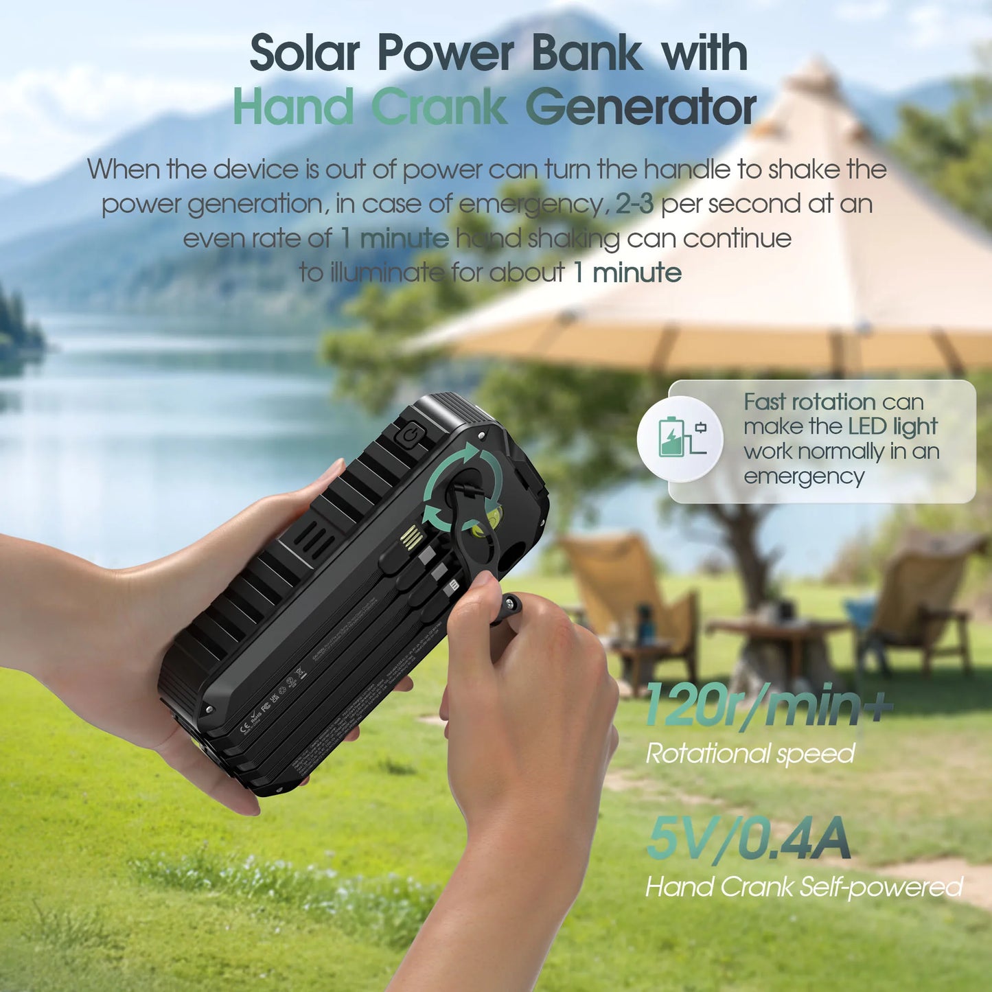 40,000mAh Solar Power Bank With Hand Crank And USB-C Fast Charging