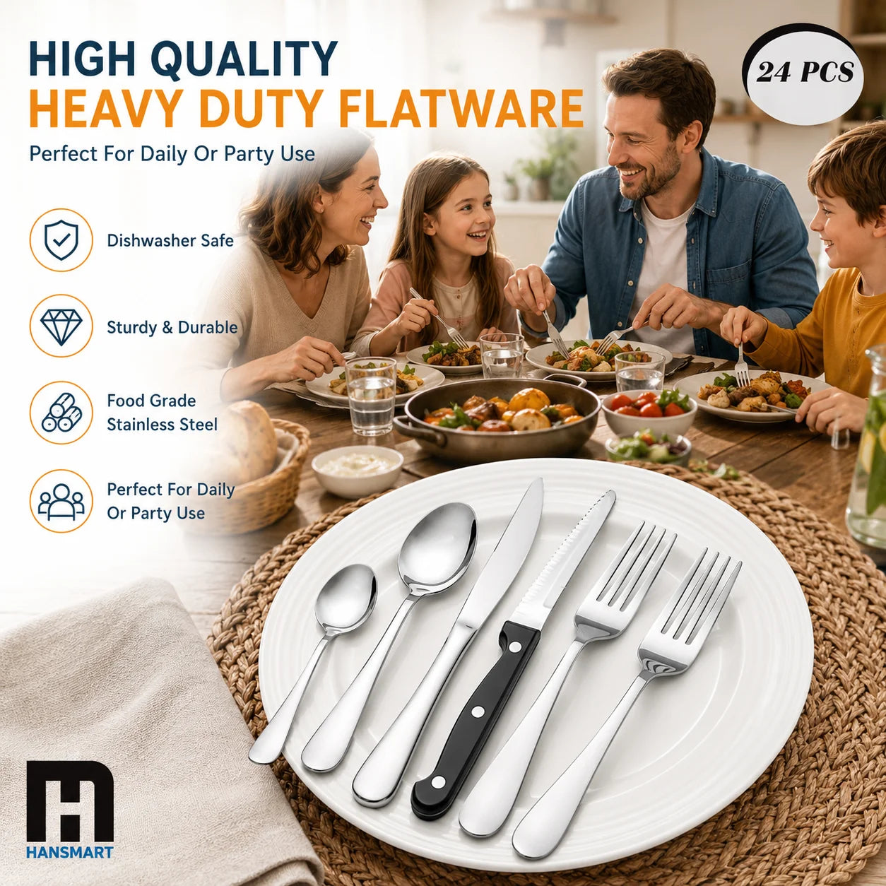 HANSMART Stainless Steel Flatware Set Knives Forks Spoons Dishwasher Safe