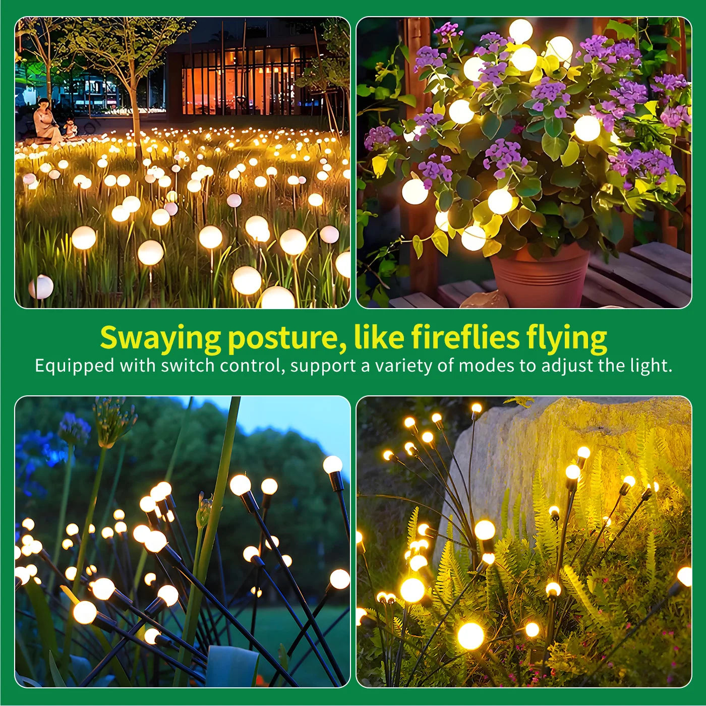 Turn your outdoor space into a magical firefly showcase with effortless solar glow. No wiring is needed; just place it in sun and you will enjoy a wind-swaying, warm-white glow from 8 heads, each featuring a subtle flicker that mimics real fireflies.