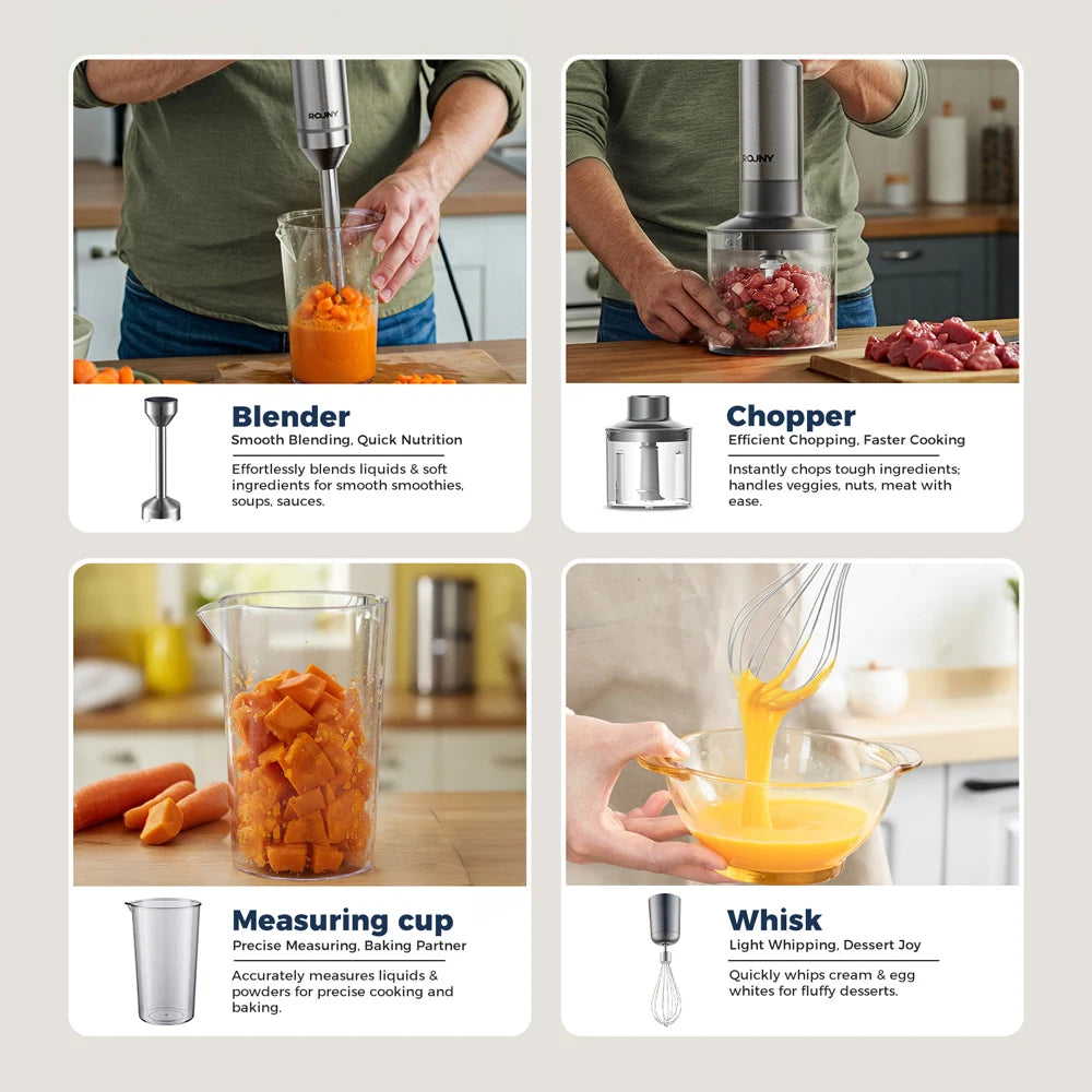 Rouny Hand Immersion Blender 1200W 4In1 Stainless Steel