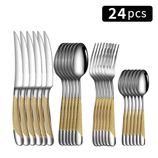 Stainless Steel 24 Piece Tableware Set With Star Diamond Pattern
