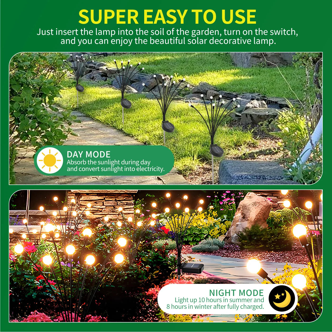 Turn your outdoor space into a magical firefly showcase with effortless solar glow. No wiring is needed; just place it in sun and you will enjoy a wind-swaying, warm-white glow from 8 heads, each featuring a subtle flicker that mimics real fireflies.