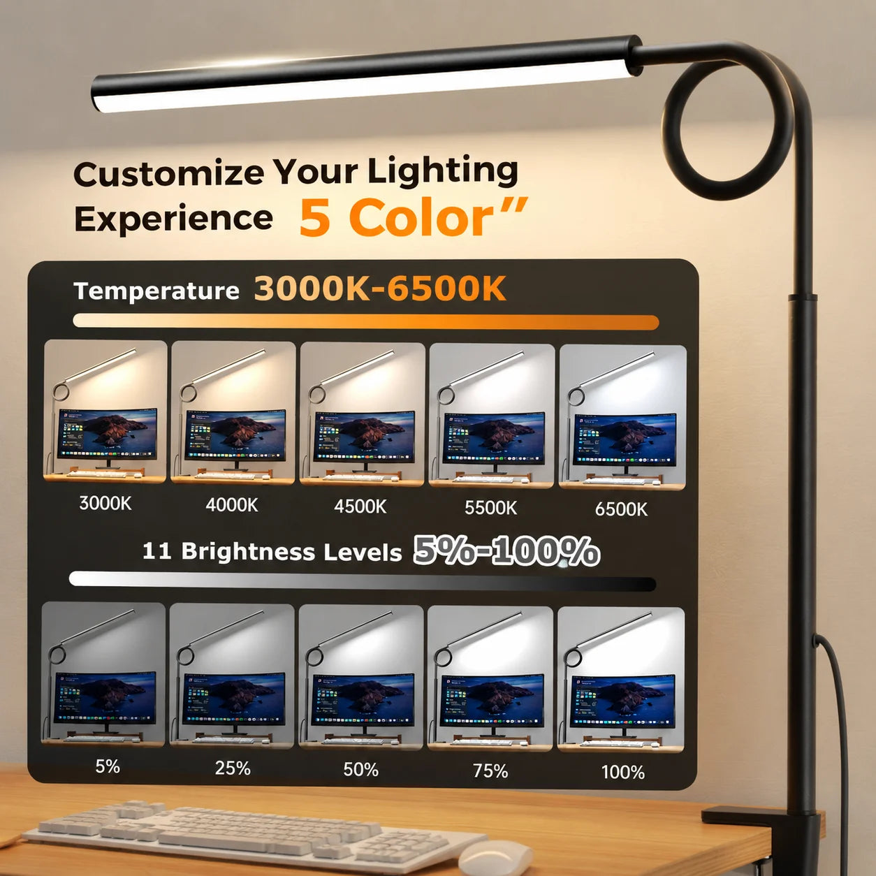 LED Desk Lamp With Clamp Gooseneck 5 Lighting Modes 11 Brightness Levels