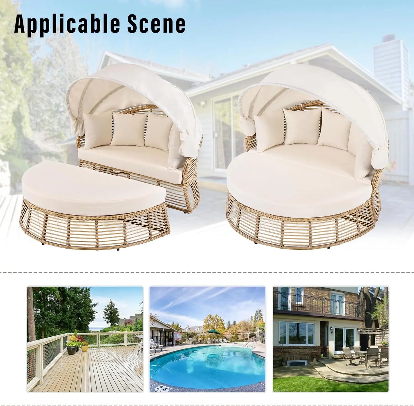Outdoor Rattan Round Daybed With Retractable Canopy Wicker Furniture Poolside Sunbed With Removable Cushions