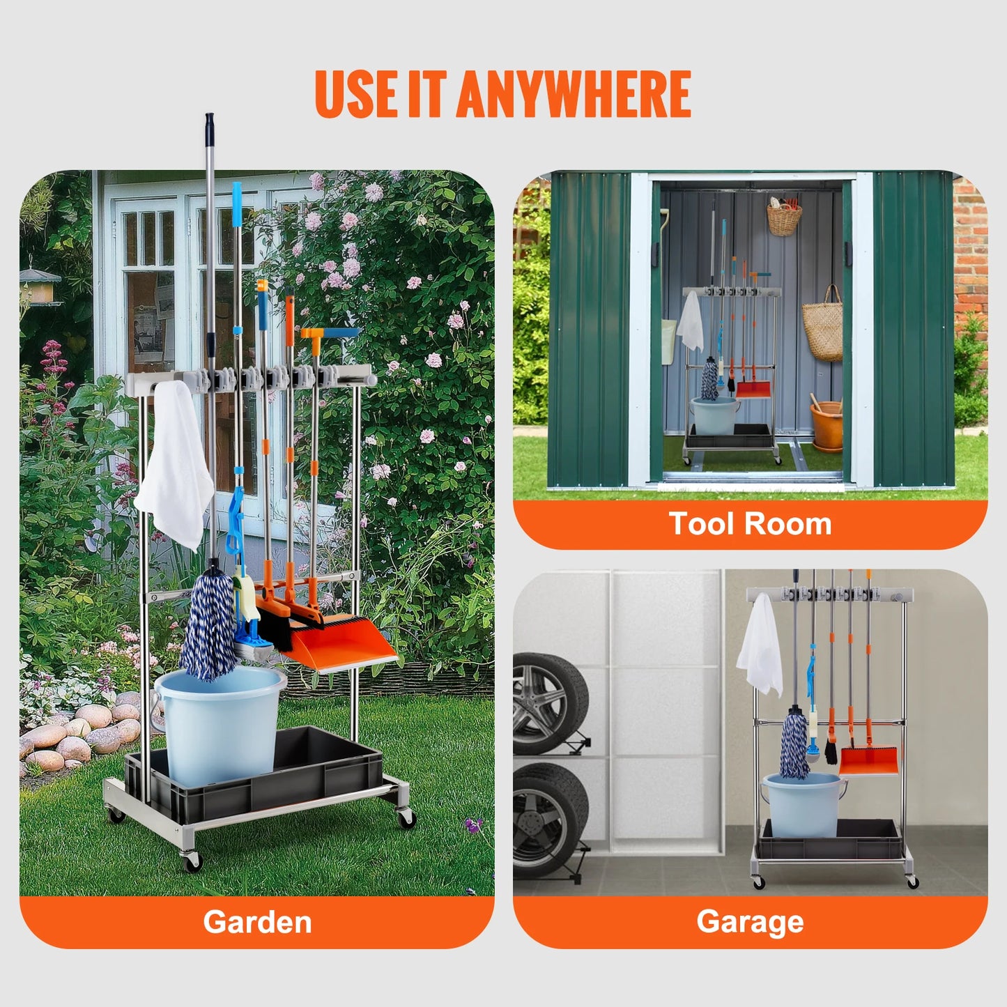SucceBuy Garden Tool Organizer Rack With 10 Slots And Wheels