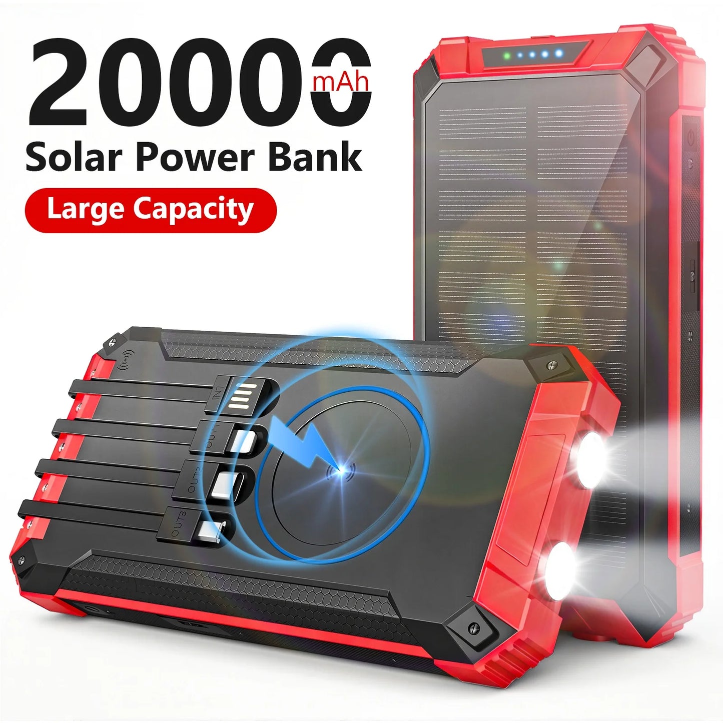 20000mAh Portable Solar Power Bank With Wireless Charging Led Lights