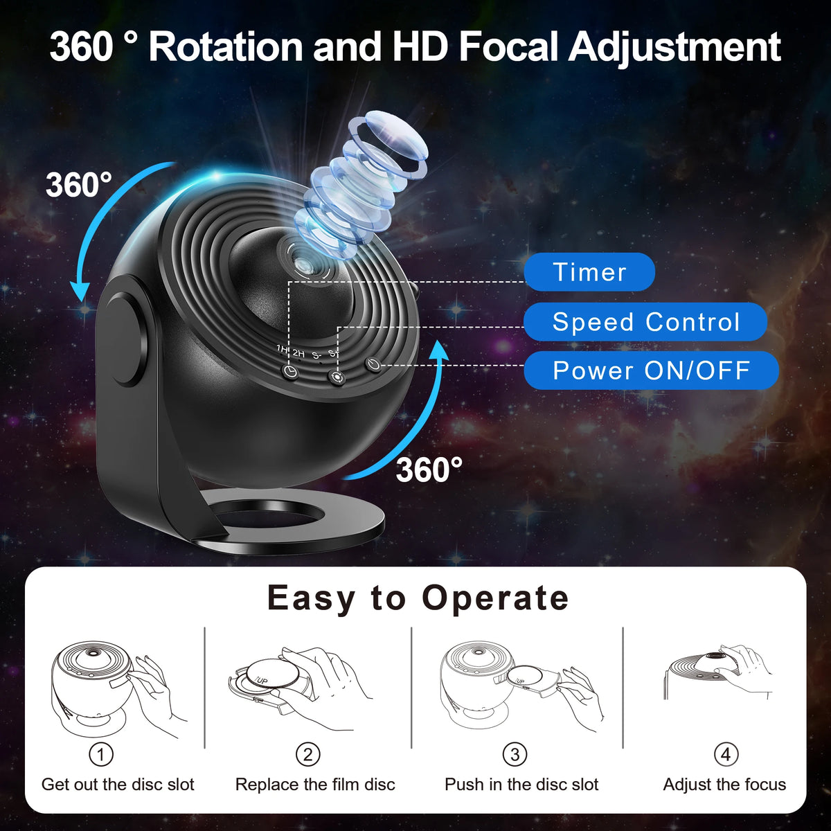 Aiopp Galaxy Star Projector With 360 Rotation And Mute Design