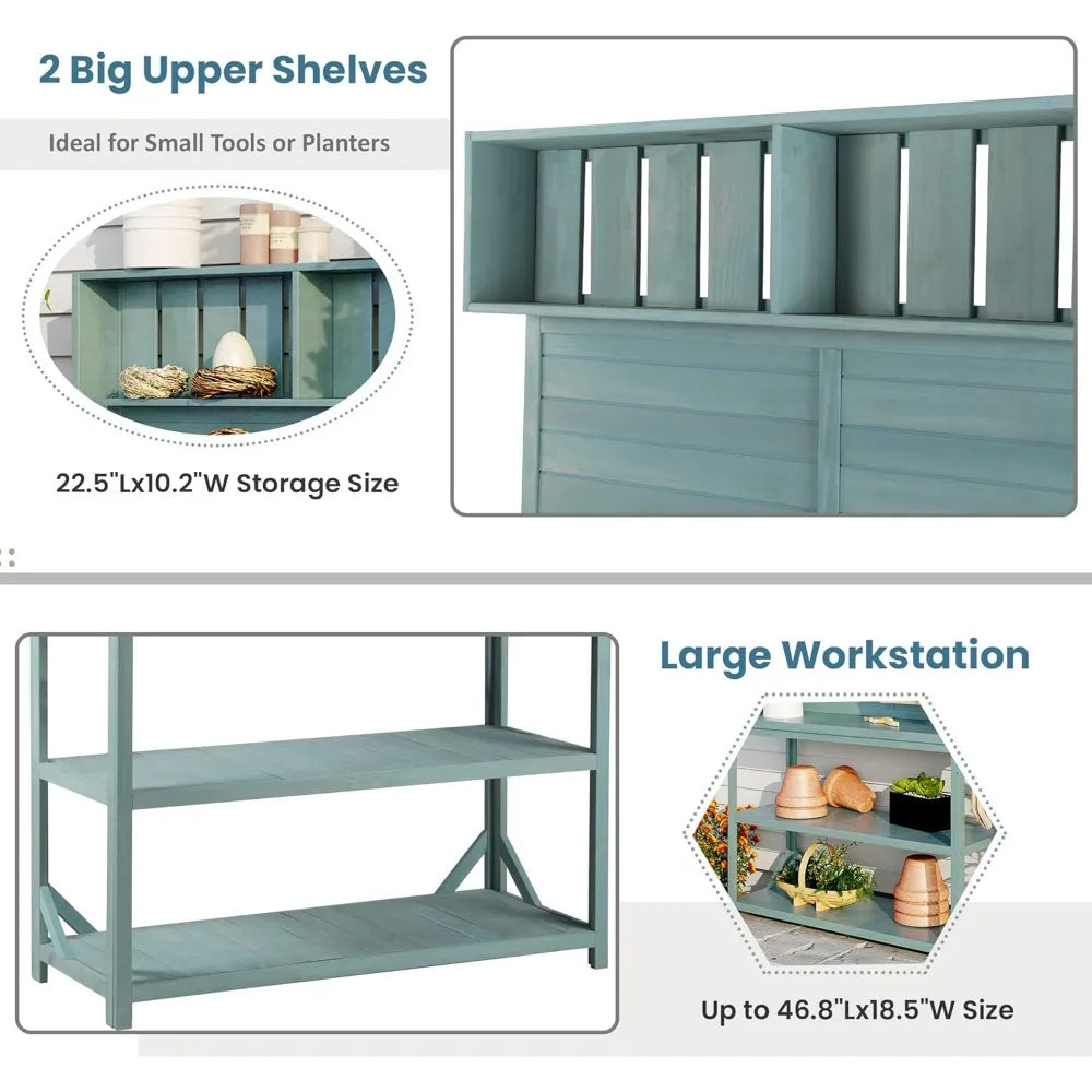65 Inch Wooden Potting Bench Table With 4 Shelves Splash Plate And Side Hooks Rustic Outdoor Patio Garden Workstation