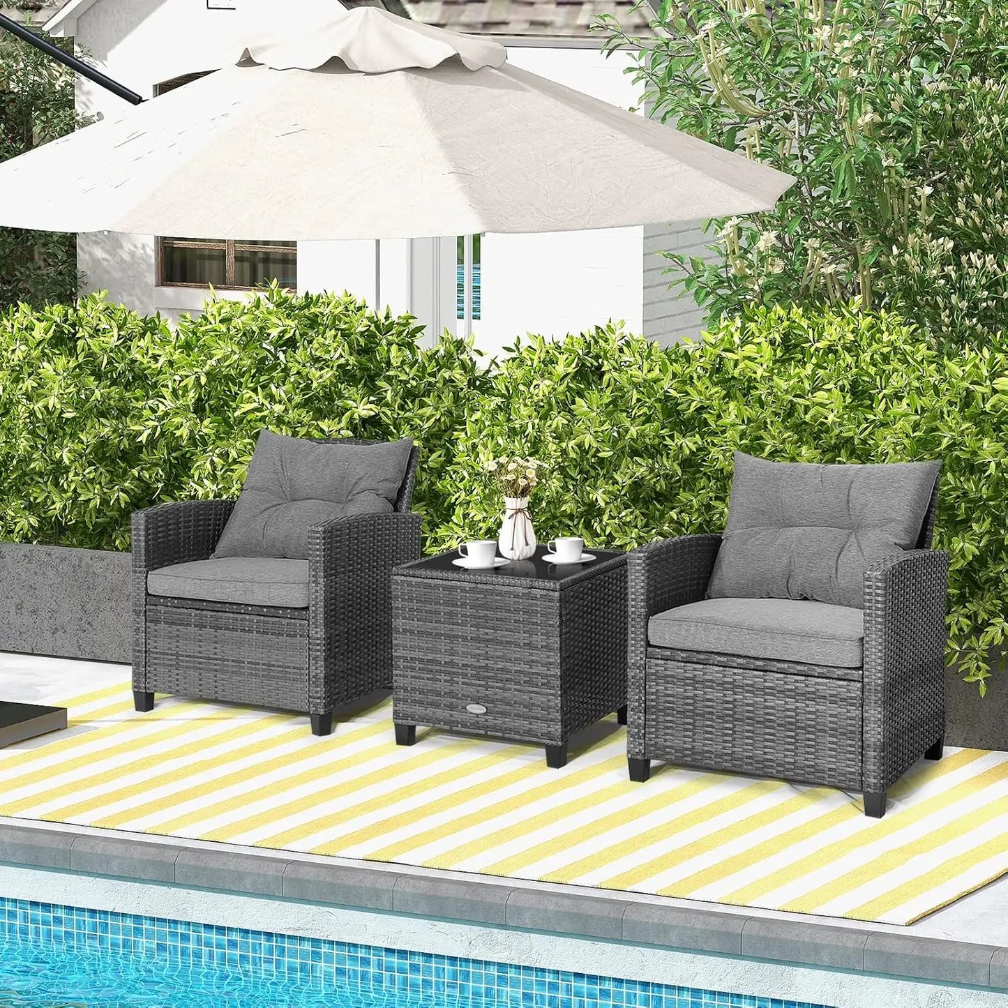 3 Piece Outdoor Patio Furniture Set With PE Rattan Chairs And Glass Table