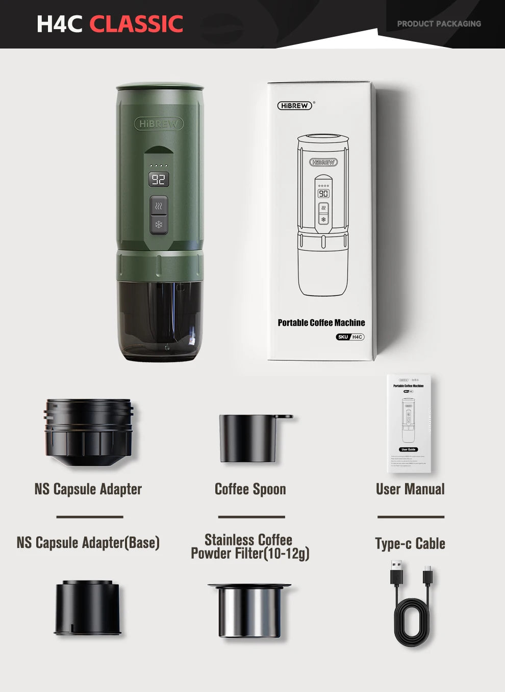 HiBREW H4C Portable Espresso Machine 3in1 Travel Coffee Maker 7500mAh Battery