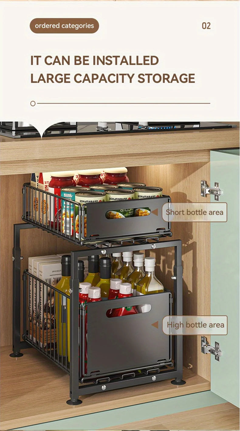 AeHome Two Tier Adjustable Slide Out Kitchen Cabinet Organizer