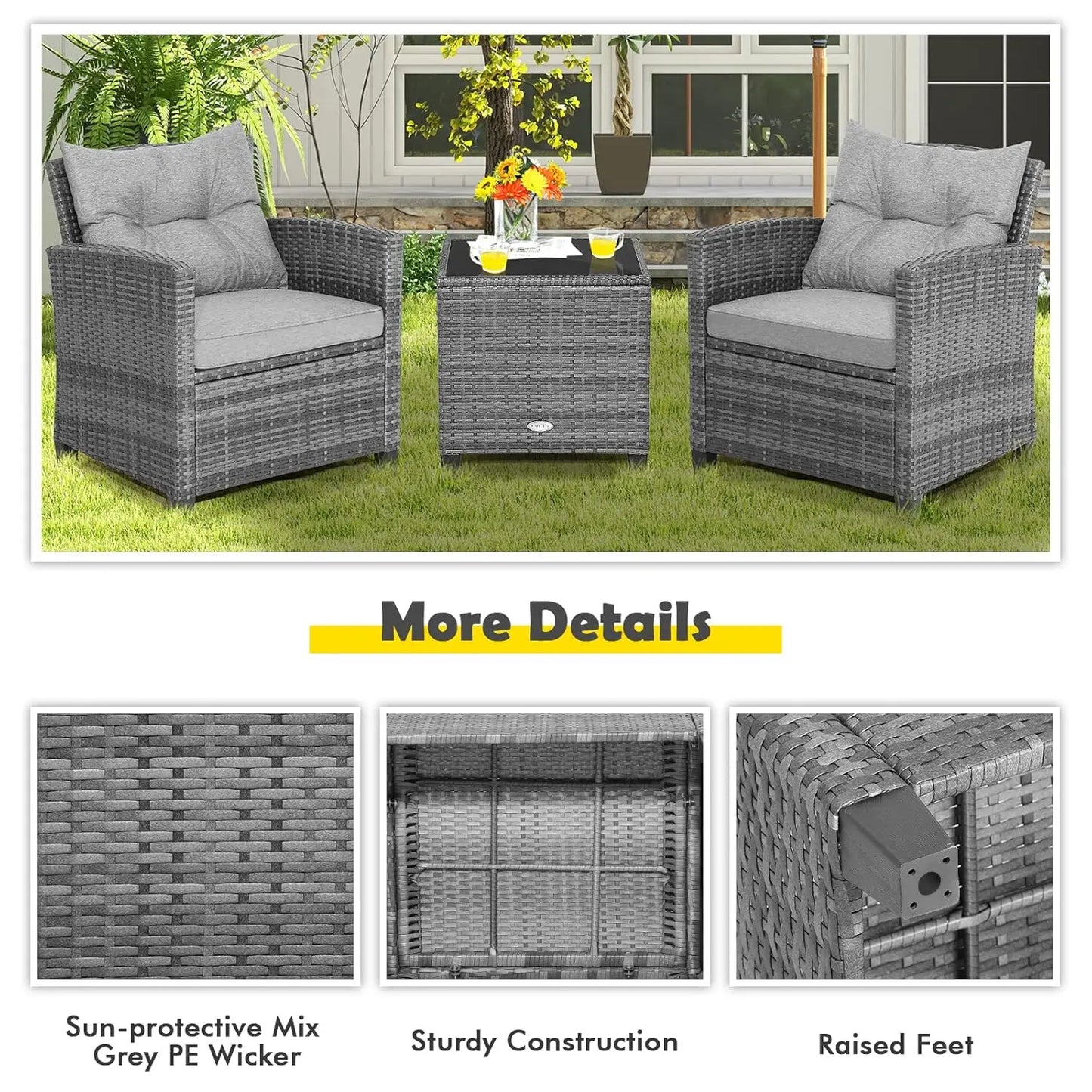 3 Piece Outdoor Patio Furniture Set With PE Rattan Chairs And Glass Table