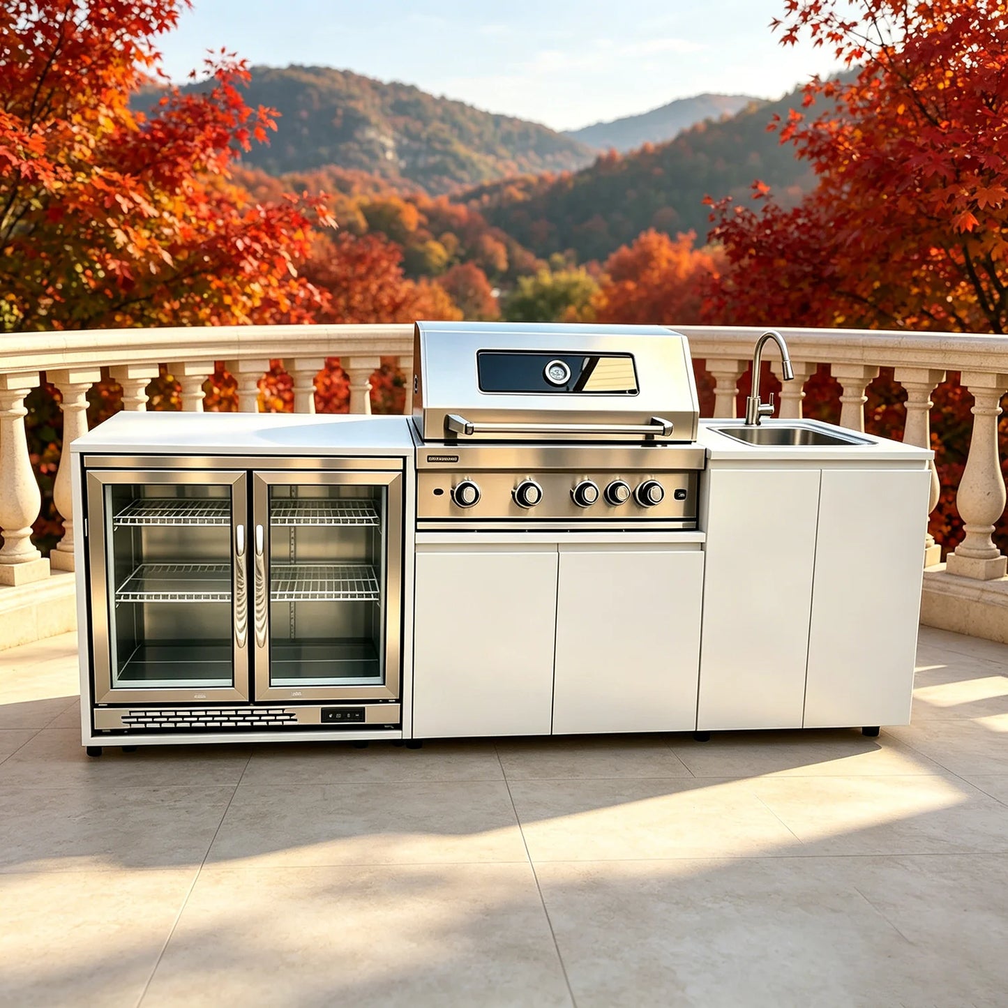 Stainless Steel Outdoor Kitchen With BBQ Grill And Refrigerator On Wheels