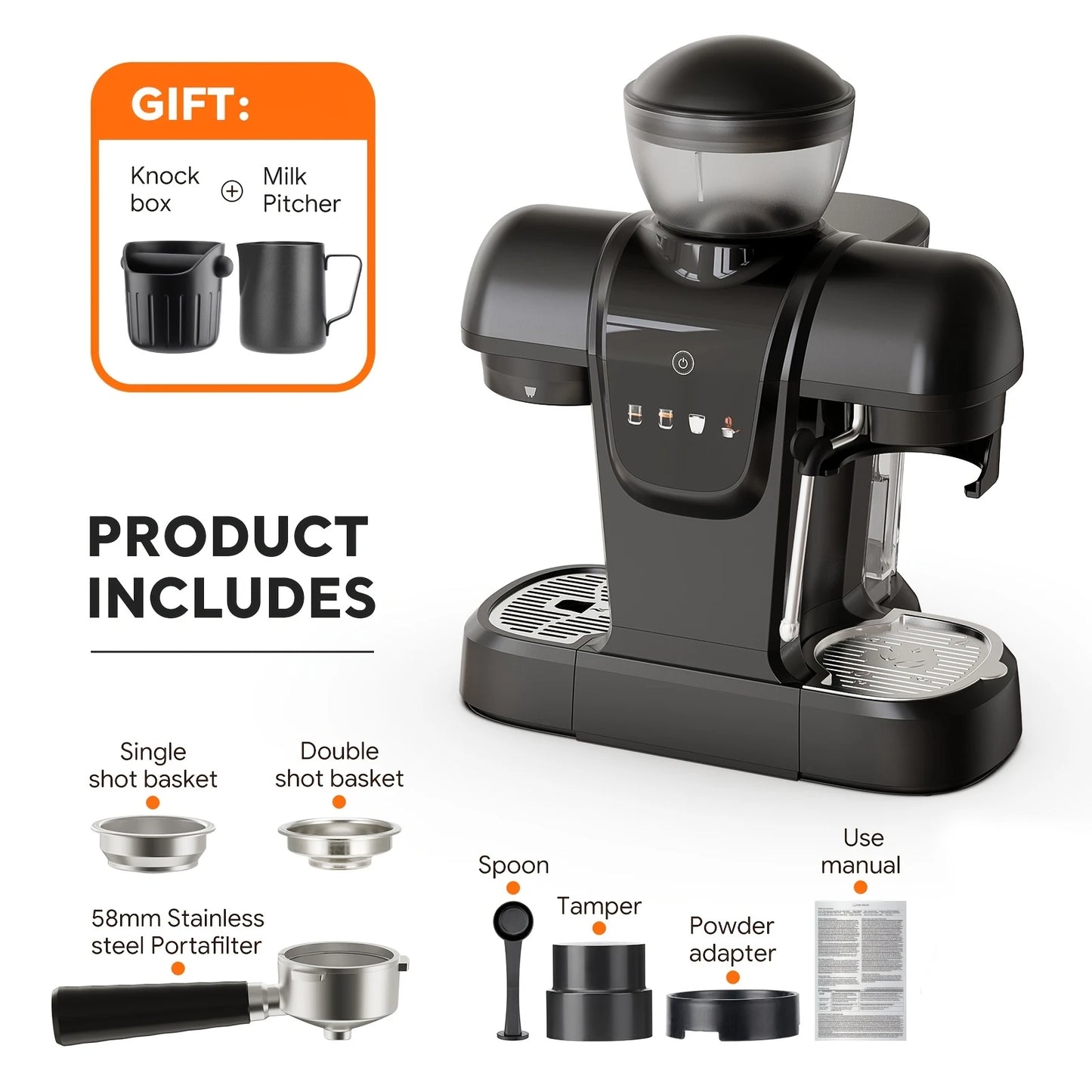 Capadeli 19 Bar 3 In 1 Espresso Machine With Grinder