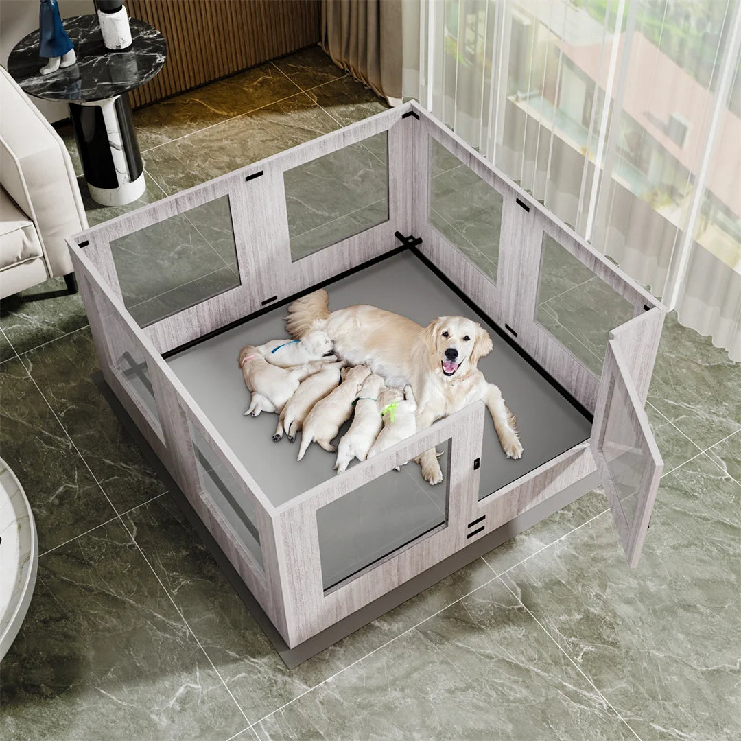 Bingopaw Detachable Tempered Glass Dog Playpen Whelping Box Protective Rails