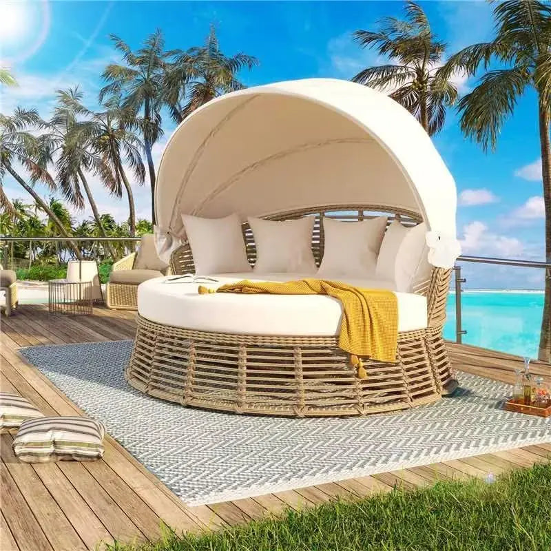 Outdoor Rattan Round Daybed With Retractable Canopy Wicker Furniture Poolside Sunbed With Removable Cushions