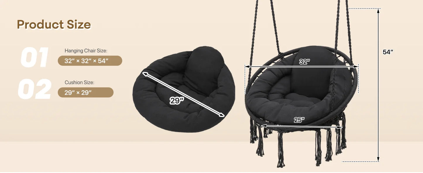 Hammock Swing Chair Cotton Cushions Macrame Rope Indoor Outdoor Furniture
