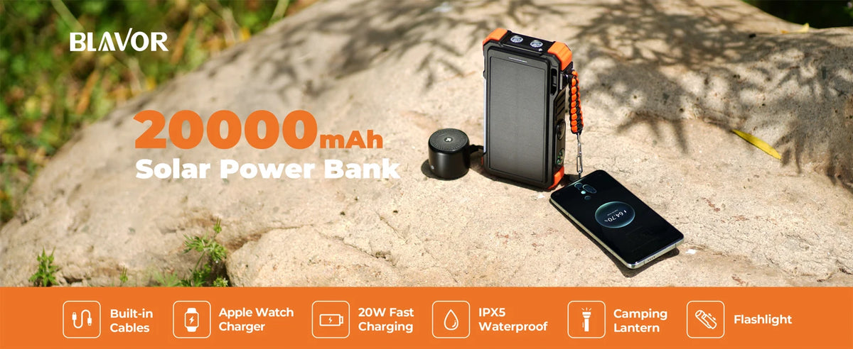 Solar Power Bank 20000mAh Built In Cables Wireless Charger