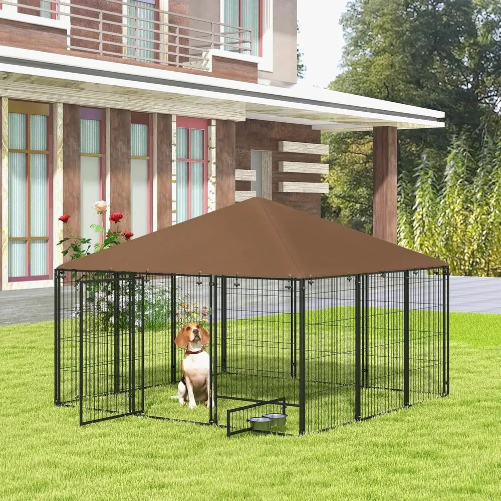 Outdoor Dog Kennel Covered Roof Play Pen Metal Garden Enclosure