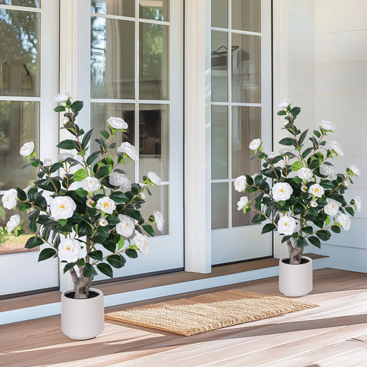 Two Pack Artificial Camellia Tree With Planter For Indoor Outdoor