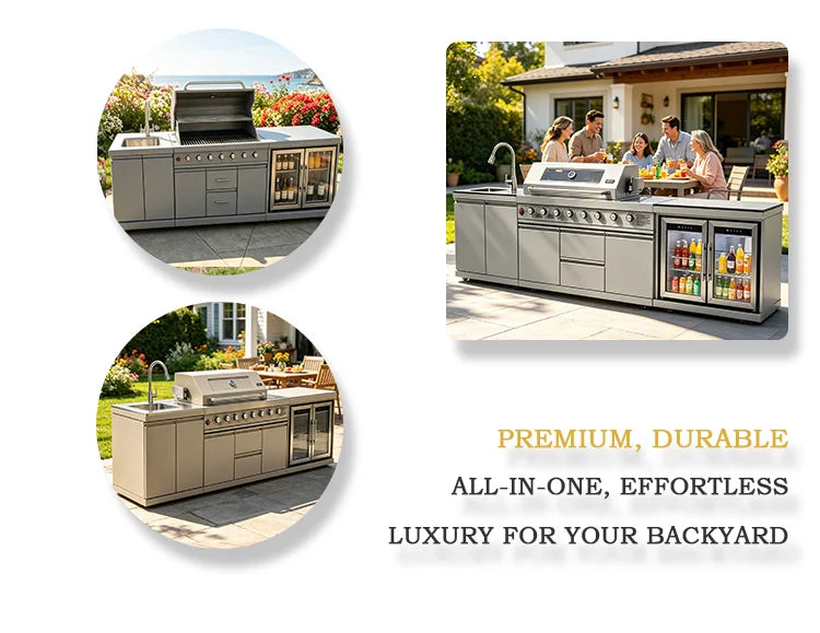 Stainless Steel Outdoor Kitchen With BBQ Grill And Refrigerator On Wheels