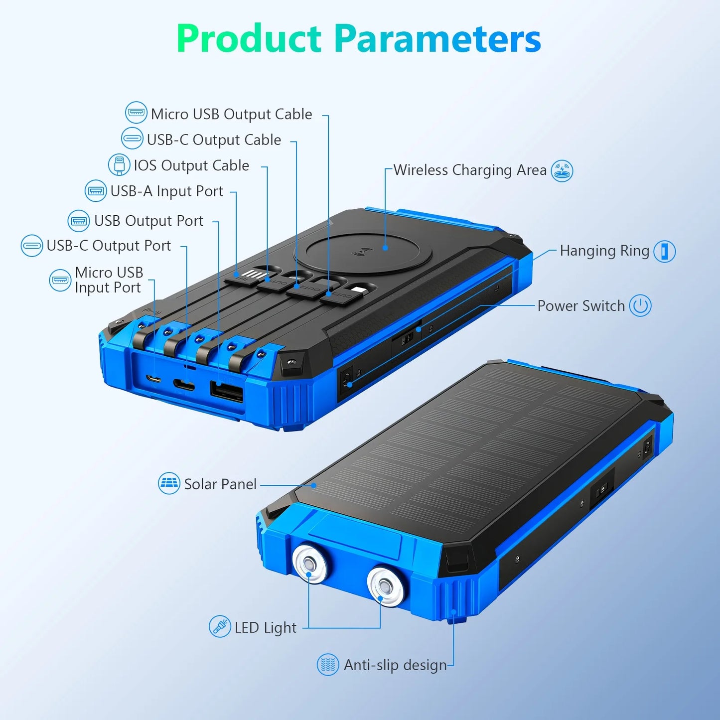 20000mAh Portable Solar Power Bank With Wireless Charging Led Lights