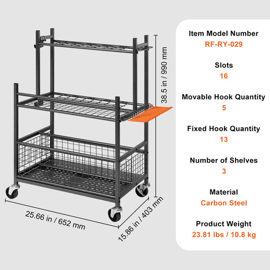 16 Slots Garden Tool Organizer Rack With Hooks And Wheels For Garage