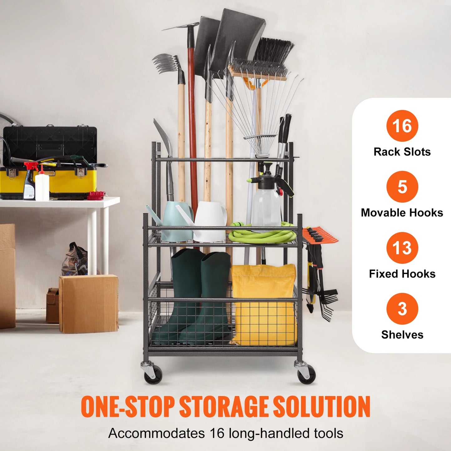 16 Slots Garden Tool Organizer Rack With Hooks And Wheels For Garage