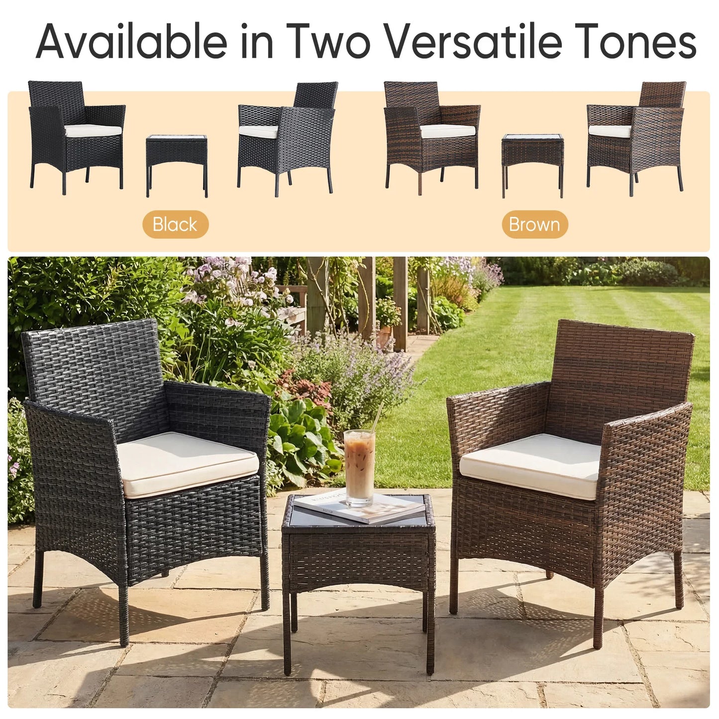 JHK Outdoor Patio Furniture Set Wicker Rattan Chairs Glass Table