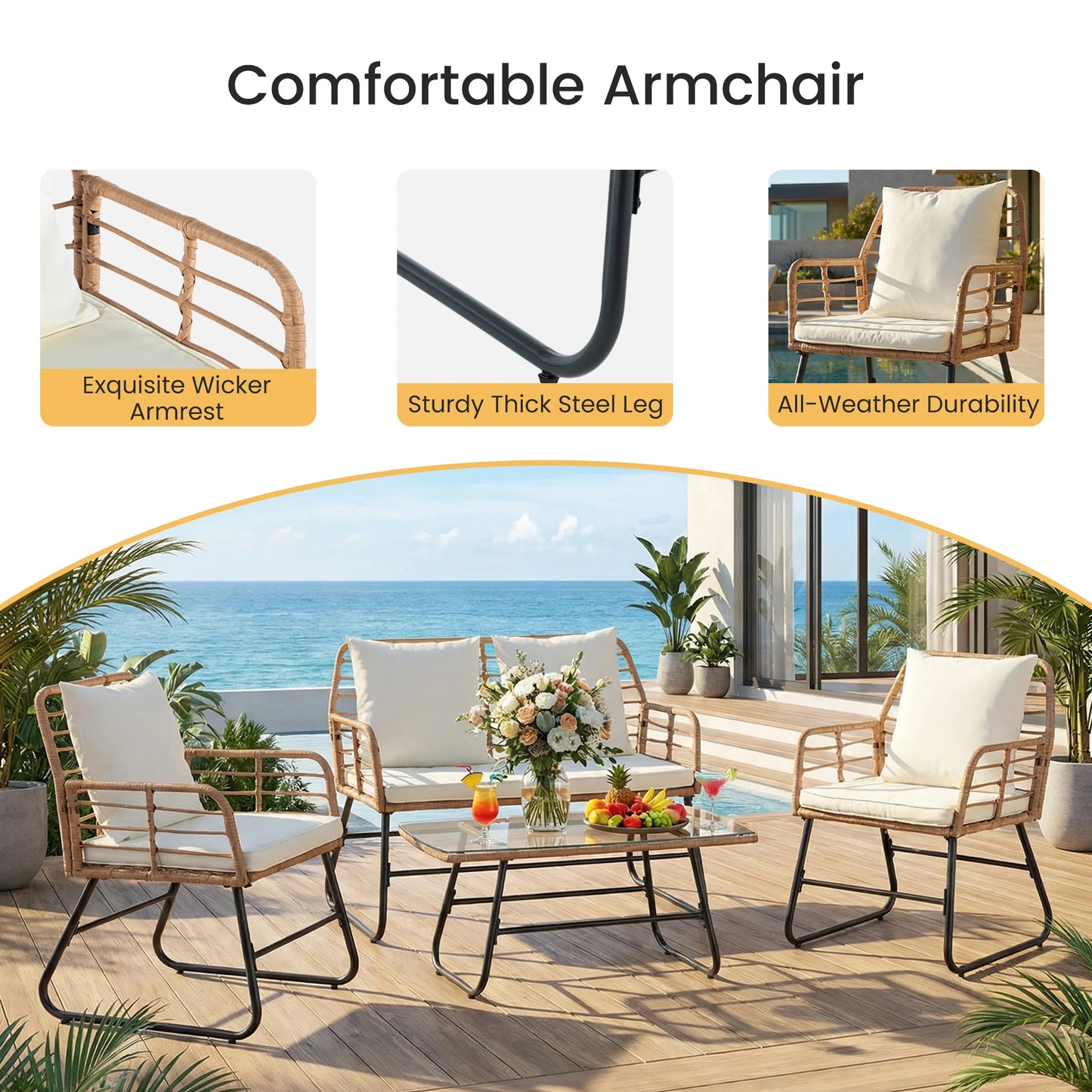 Turn your outdoor space into a resort-style retreat with this durable 4-piece wicker patio set, built for comfort, style, and lasting outdoor performance.