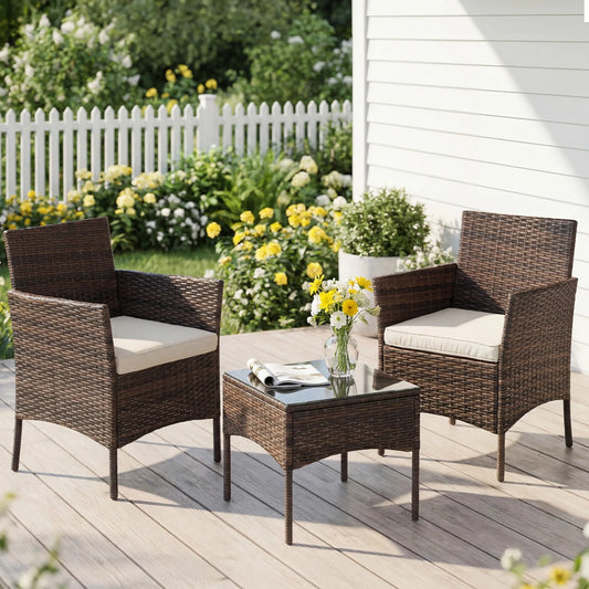 JHK Outdoor Patio Furniture Set Wicker Rattan Chairs Glass Table