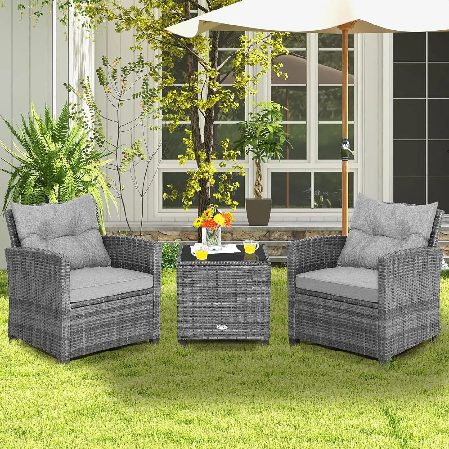 3 Piece Outdoor Patio Furniture Set With PE Rattan Chairs And Glass Table