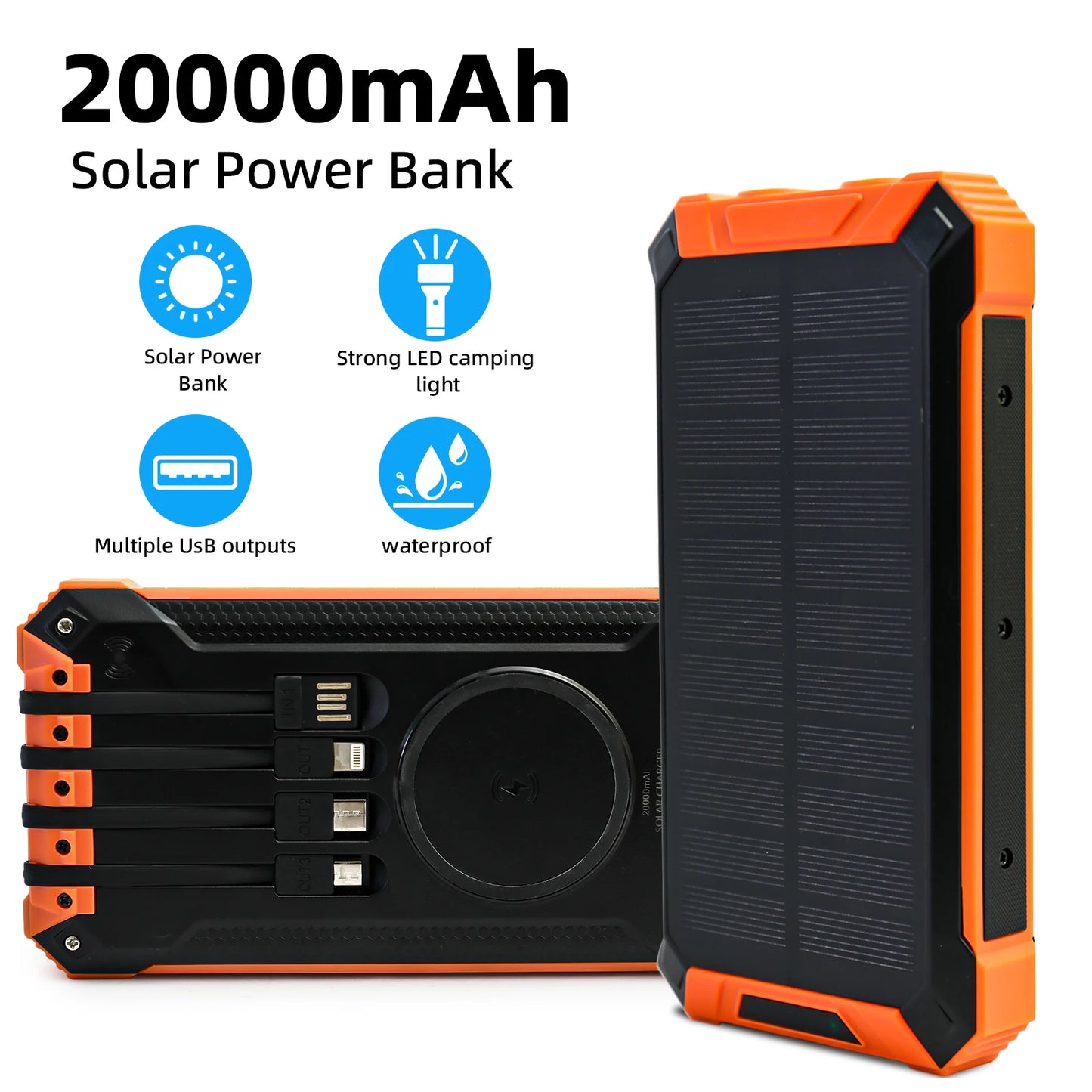 20000mAh Portable Solar Power Bank With Wireless Charging Led Lights