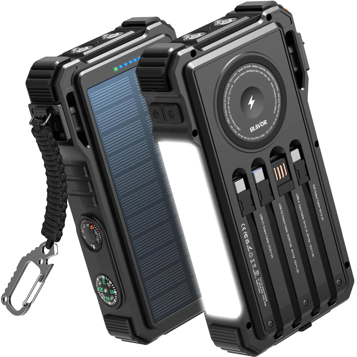 Solar Power Bank 20000mAh Built In Cables Wireless Charger