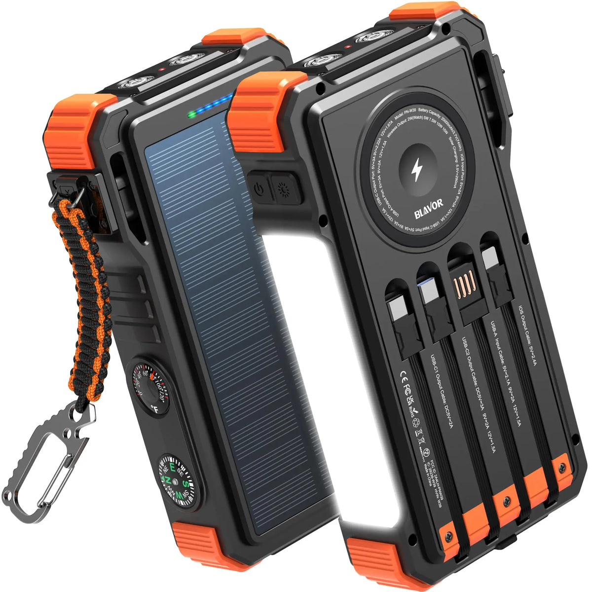 Solar Power Bank 20000mAh Built In Cables Wireless Charger