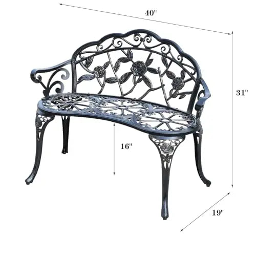 Elegant Cast Aluminum Outdoor Bench With Rose Vine Design