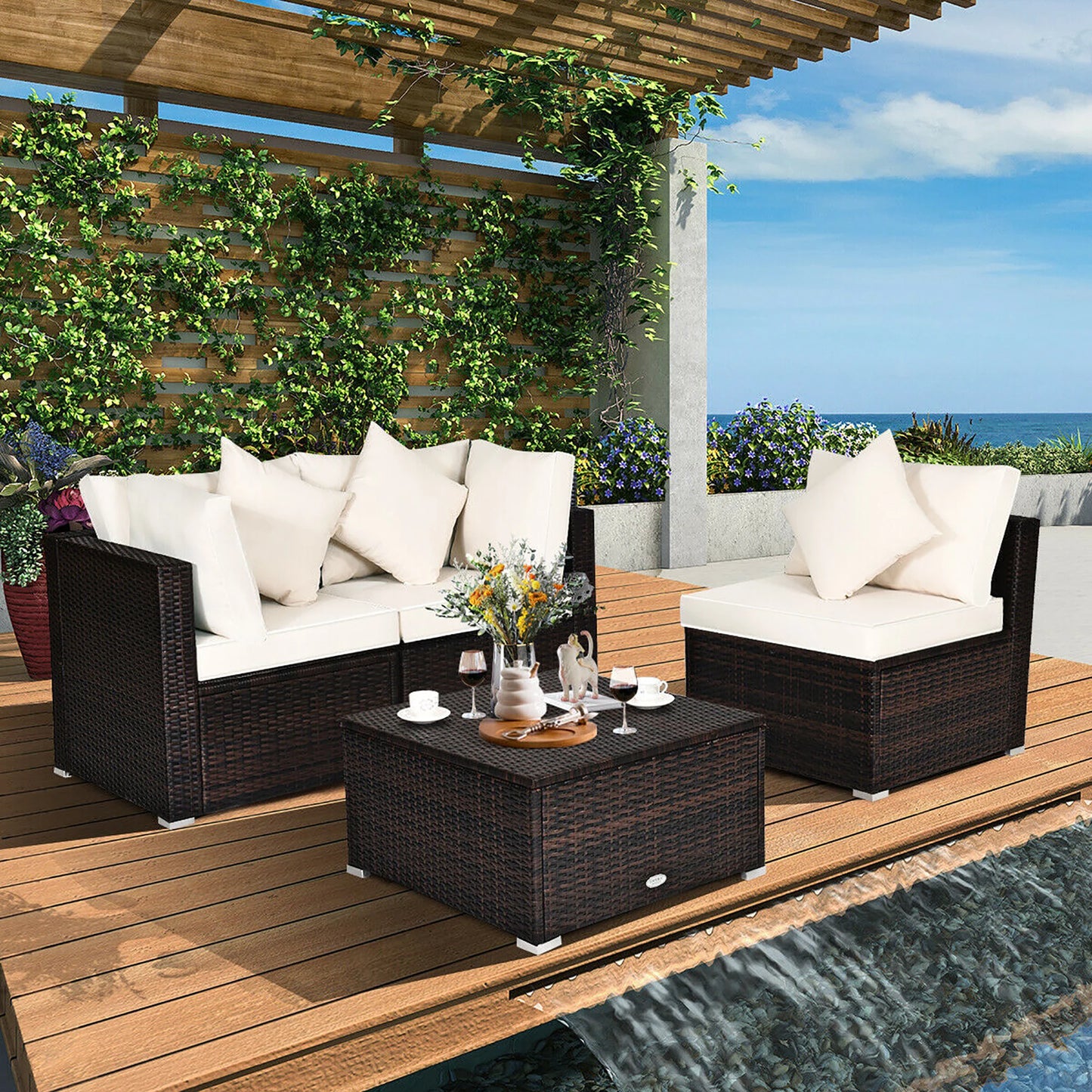 HOMASIS 4 Piece Patio Rattan Wicker Sofa Set With Cushioned Ottoman