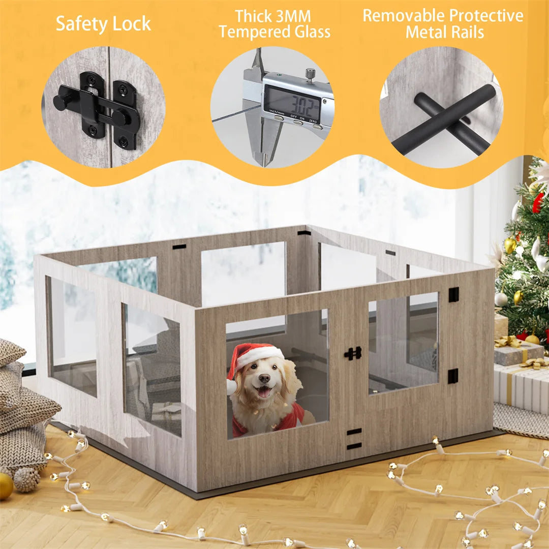 Bingopaw Detachable Tempered Glass Dog Playpen Whelping Box Protective Rails