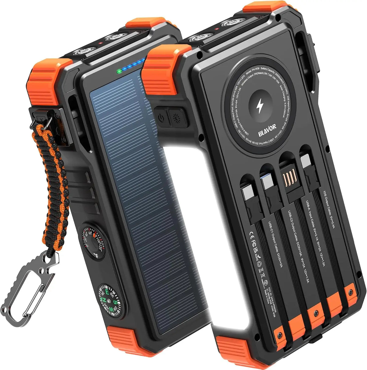 Solar Power Bank 20000mAh Built In Cables Wireless Charger