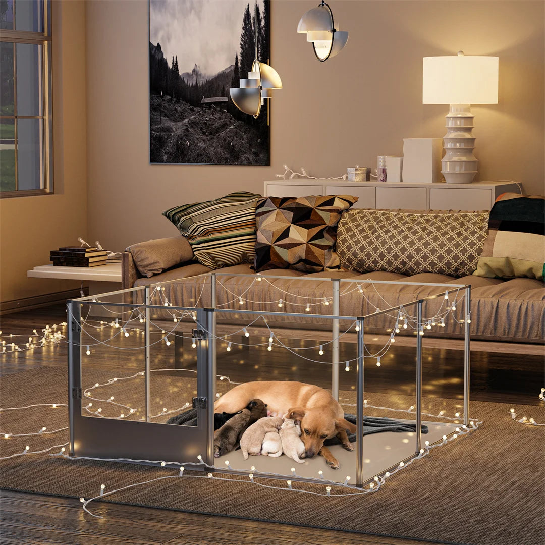 BINGOPAW Clear Acrylic Pet Playpen Whelping Pen With Waterproof Pad