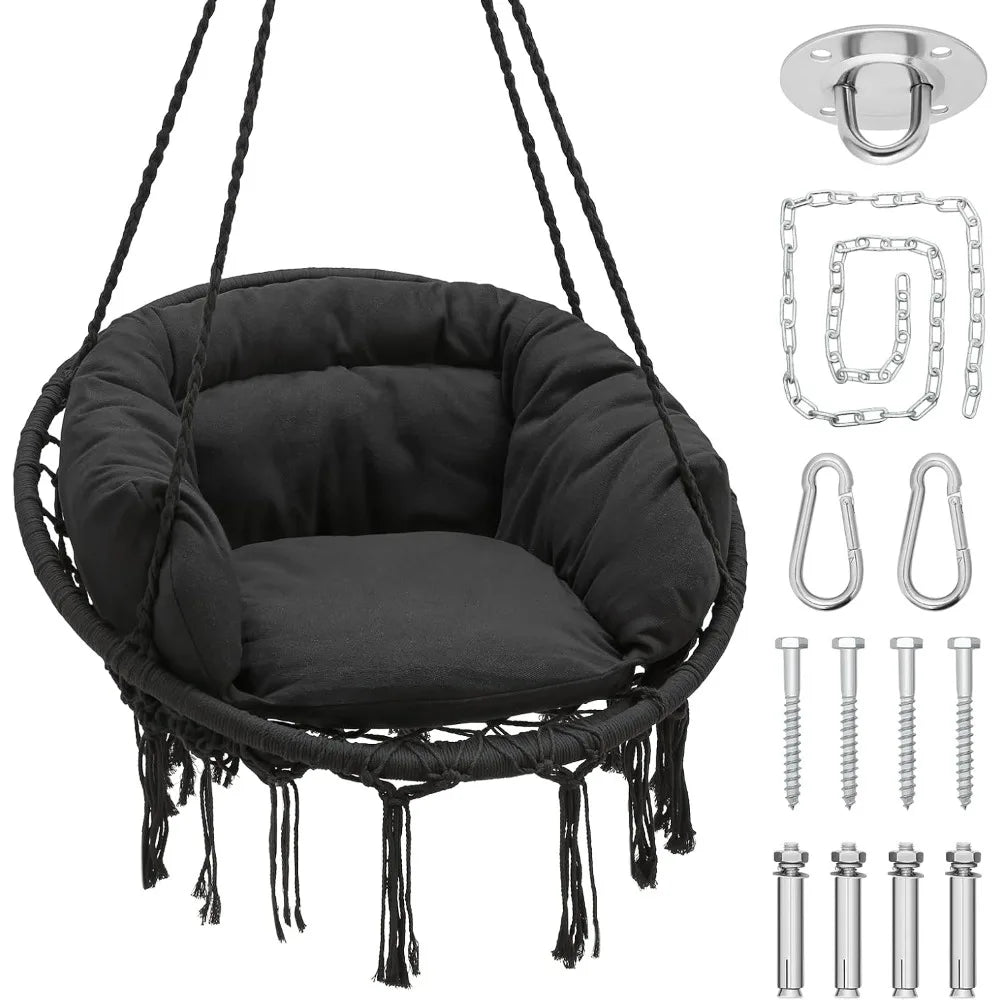 Hammock Swing Chair Cotton Cushions Macrame Rope Indoor Outdoor Furniture