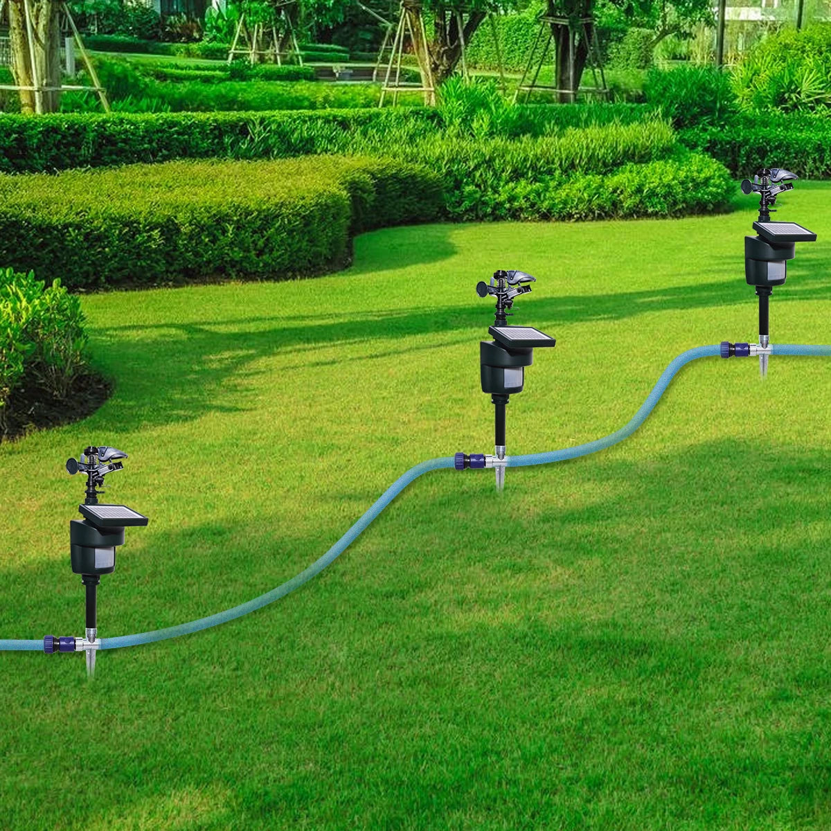 Yardeen Motion Activated Sprinkler With Solar Panels Outdoors