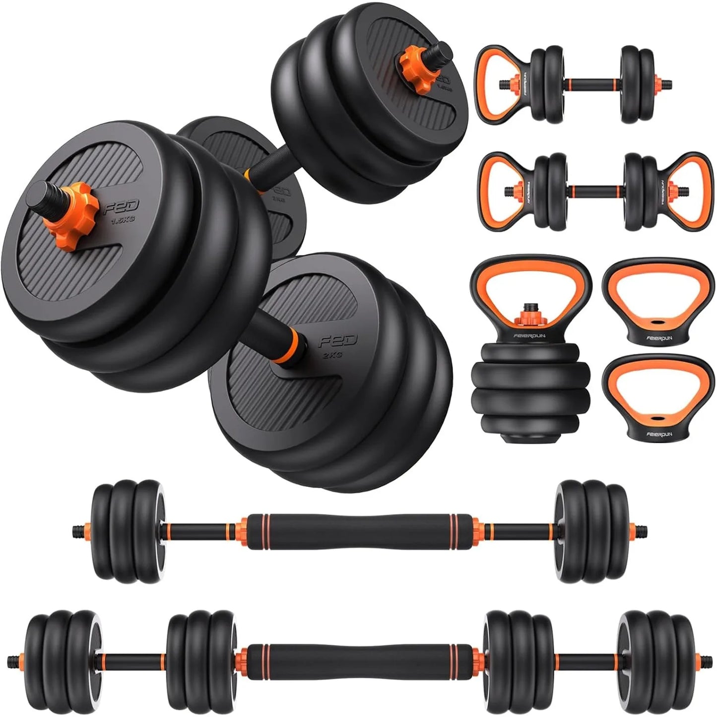 FEIERDUN Adjustable Dumbbells 70 Pound Five In One Free Weight Set Barbell Kettlebell Push Up Stand