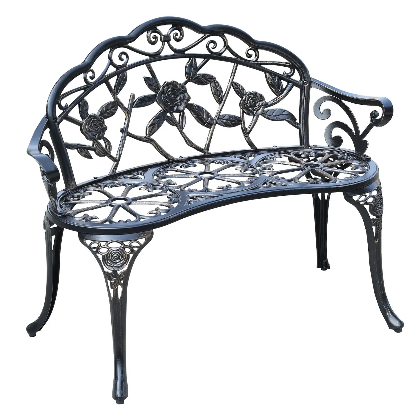 Elegant Cast Aluminum Outdoor Bench With Rose Vine Design